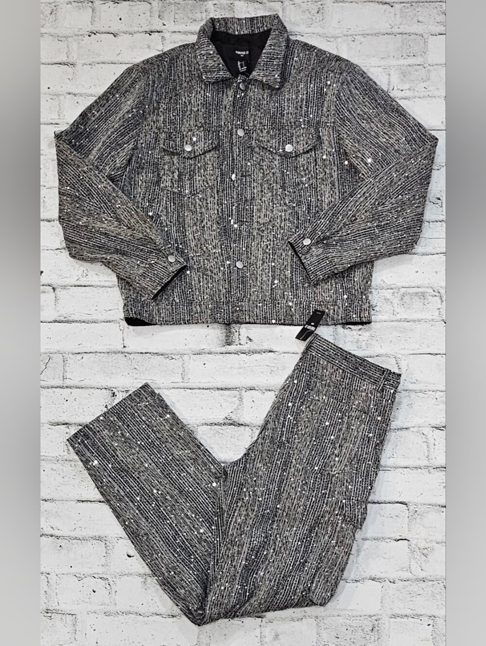 Forever 21 Men NWT Sequin Metallic Jacket Cargo Pants Set Black Silver